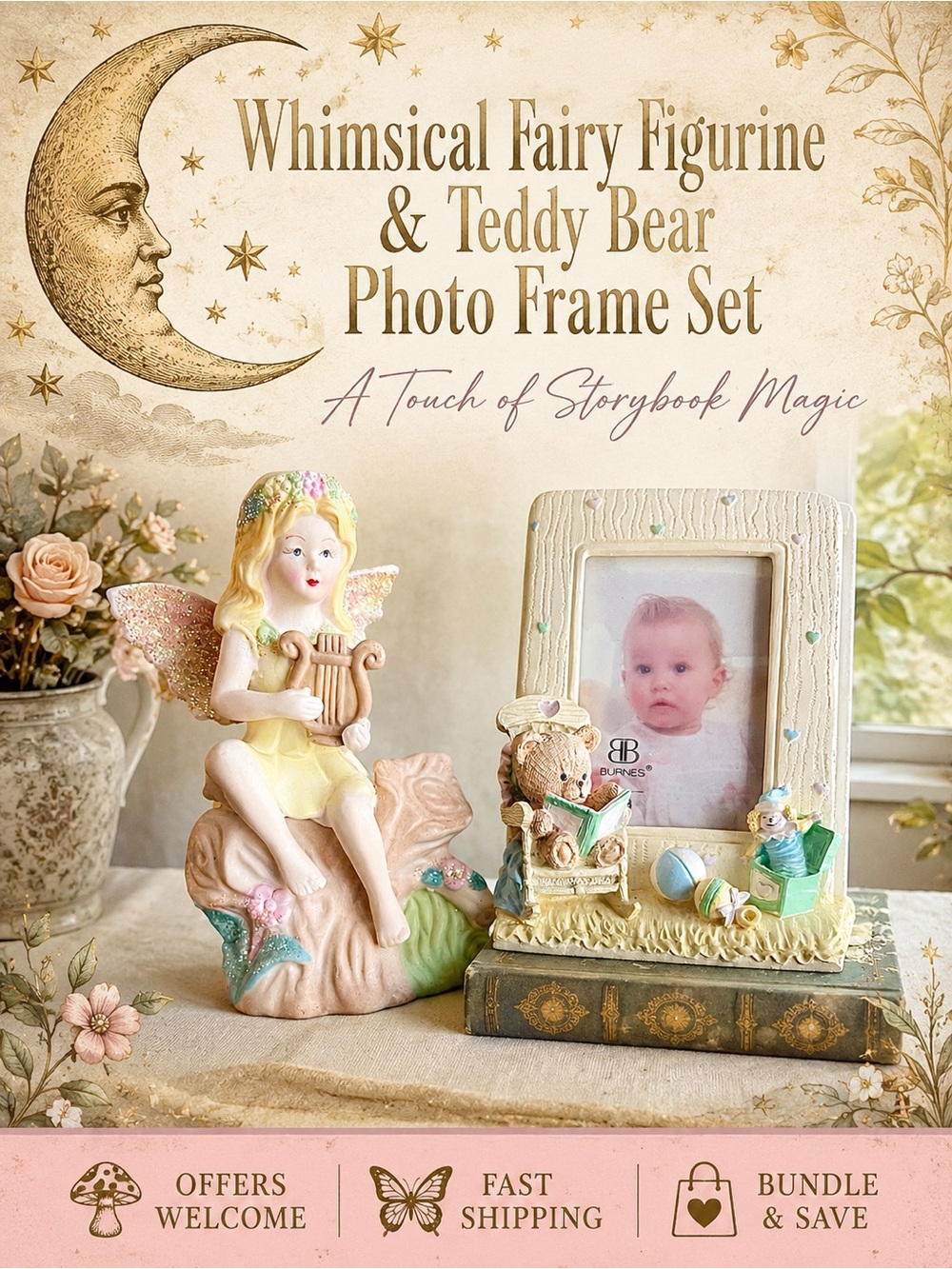 Fairy Figurine & Teddy Bear Photo Frame Set Nursery Cottagecore Decor